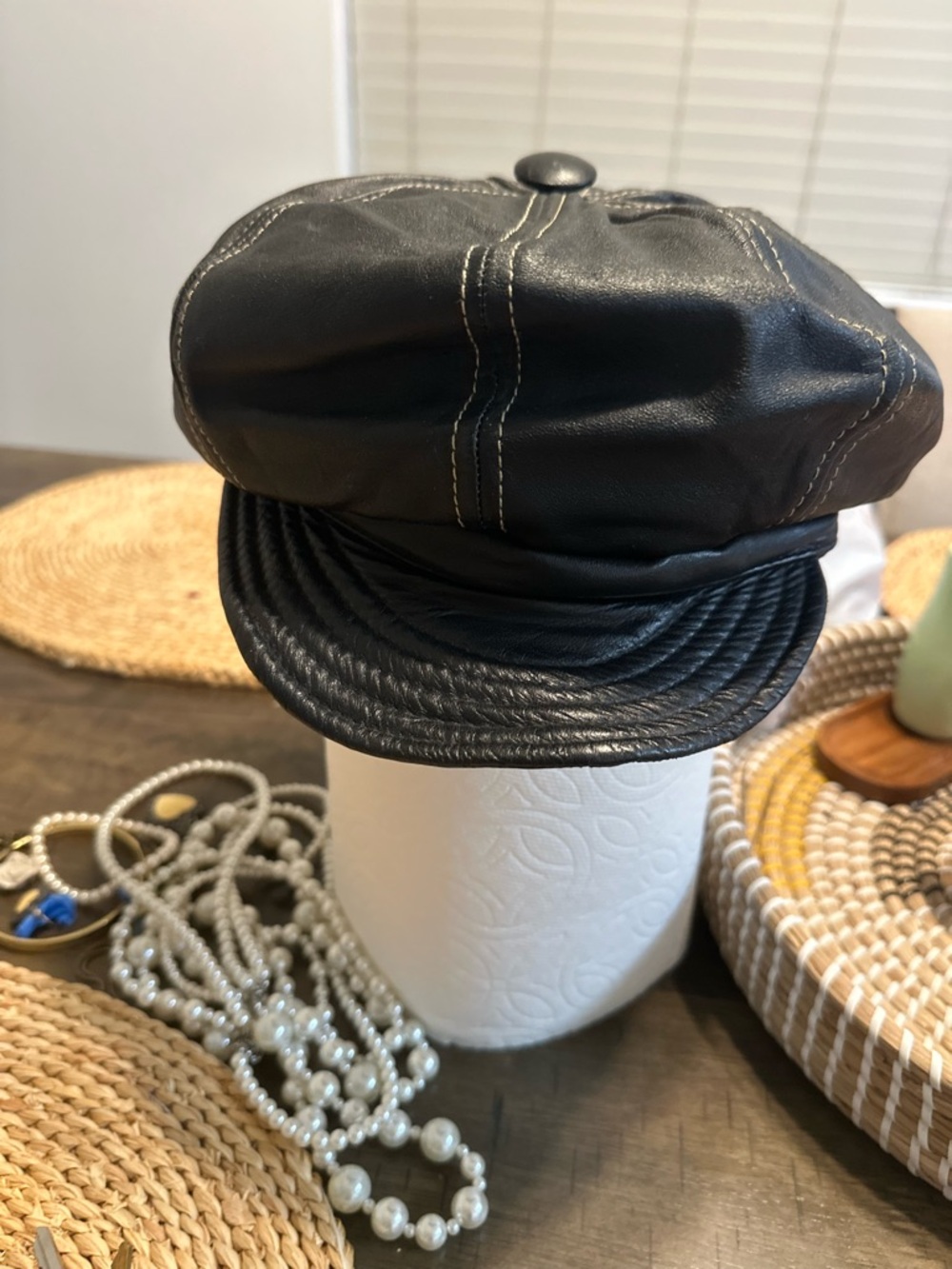 Wilsons Leather Black Faux Leather Newsboy Hat with White Stitching